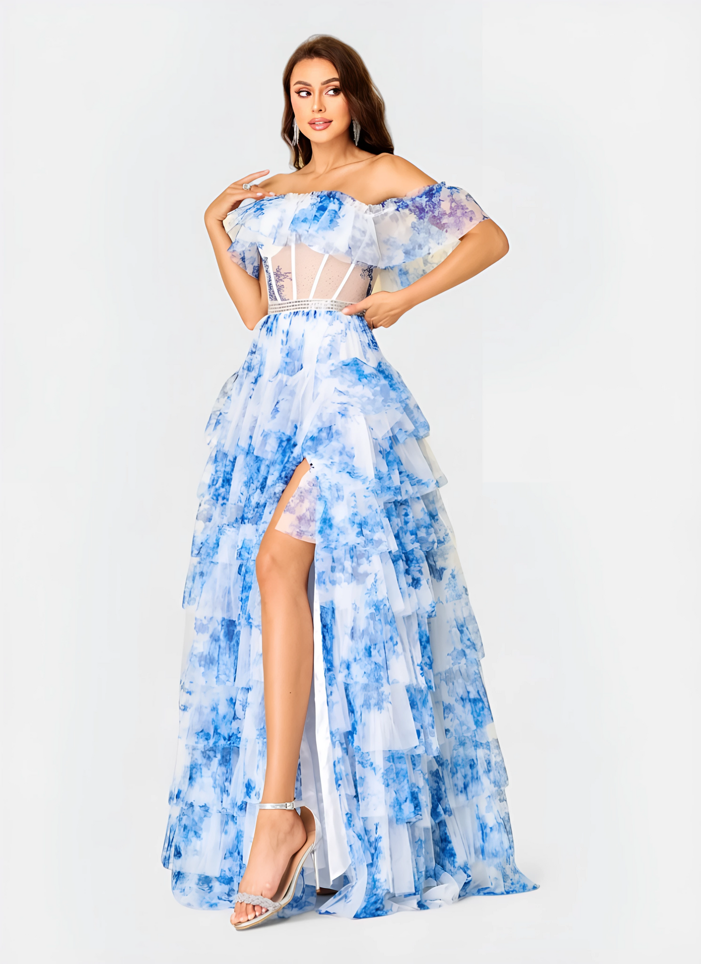 OFF-SHOULDER PRINTED A-LINE FLOOR-LENGTH DRESS