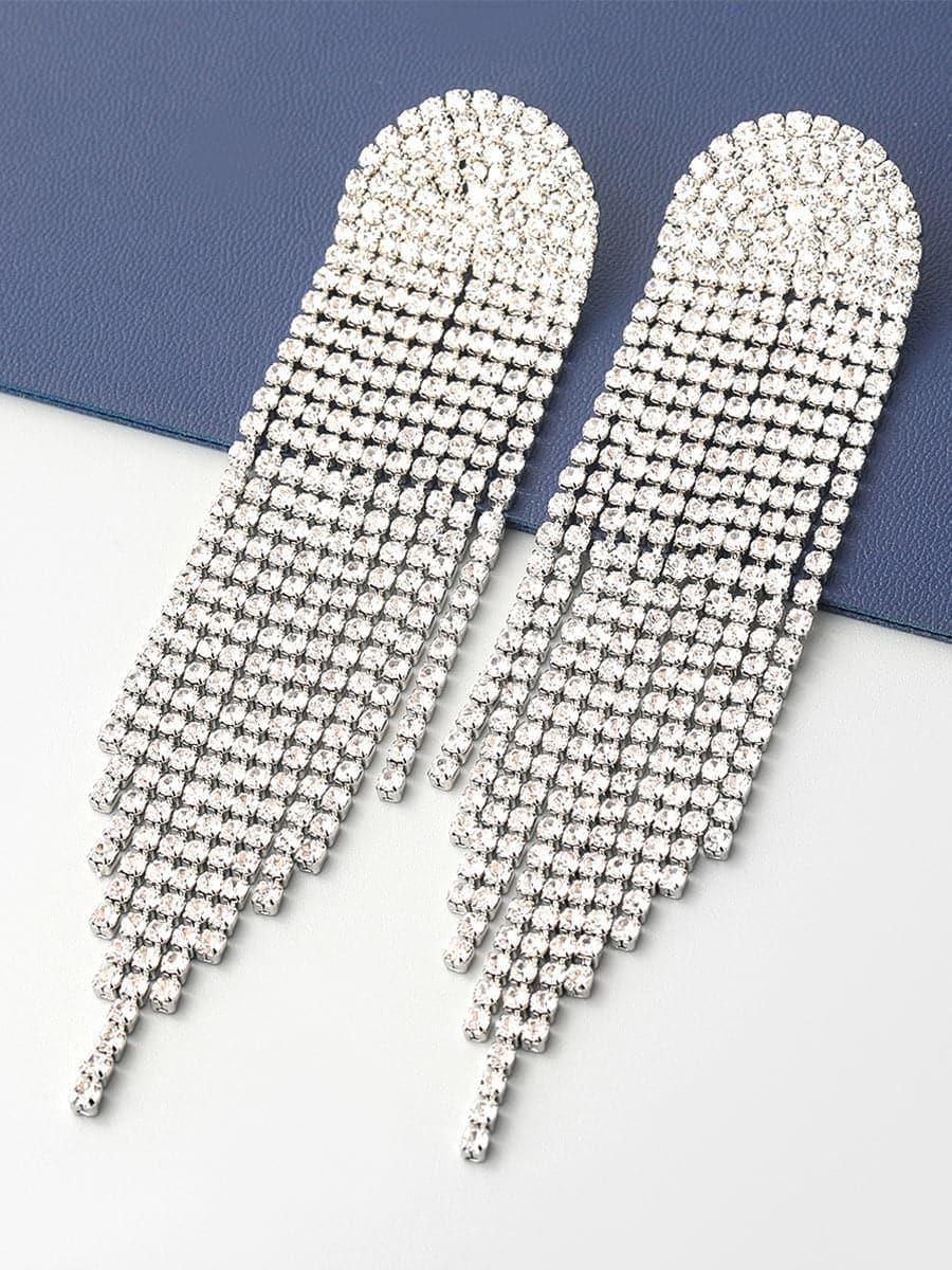 CHAIN ALLOY INLAY STONE LONG TASSEL EARRINGS - Cecilia`s Dresses