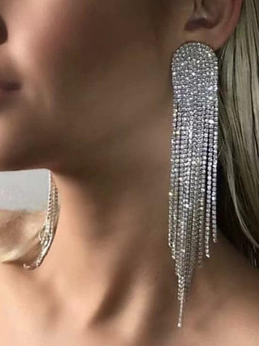 CHAIN ALLOY INLAY STONE LONG TASSEL EARRINGS - Cecilia`s Dresses