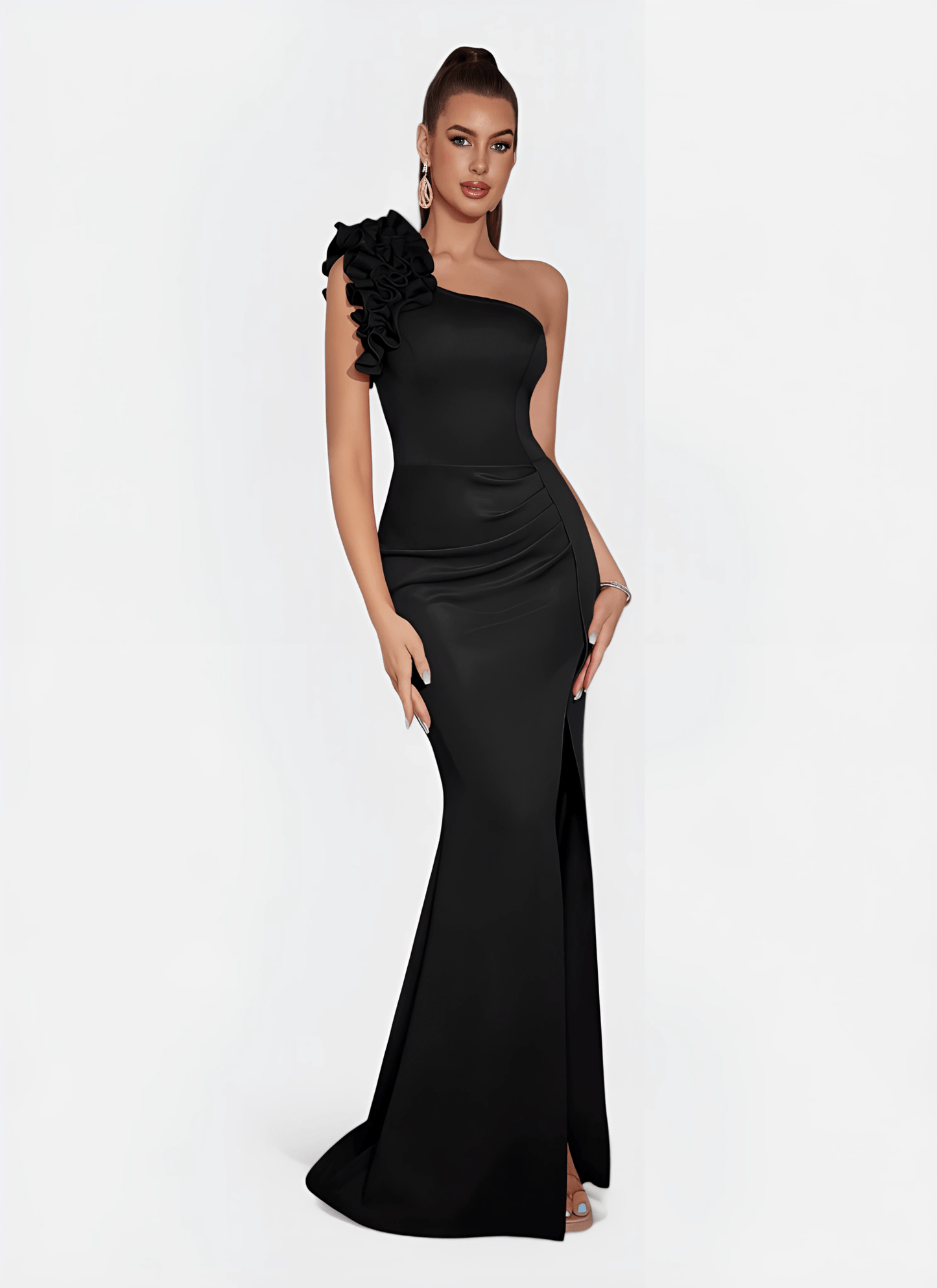FLORAL ONE SHOULDER RUCHED SPLIT PROM DRESS - Cecilia`s Dresses