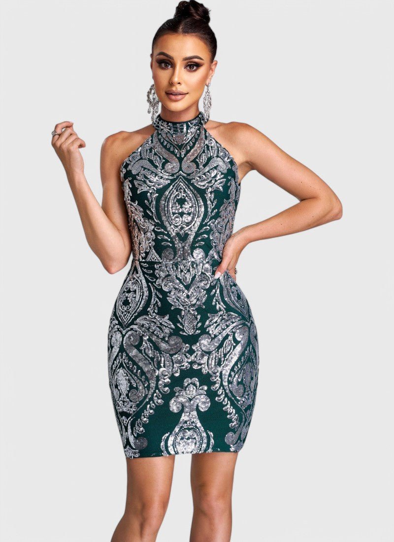 HALTERNECK DAMASK SEQUIN MINI DRESS - Cecilia`s Dresses