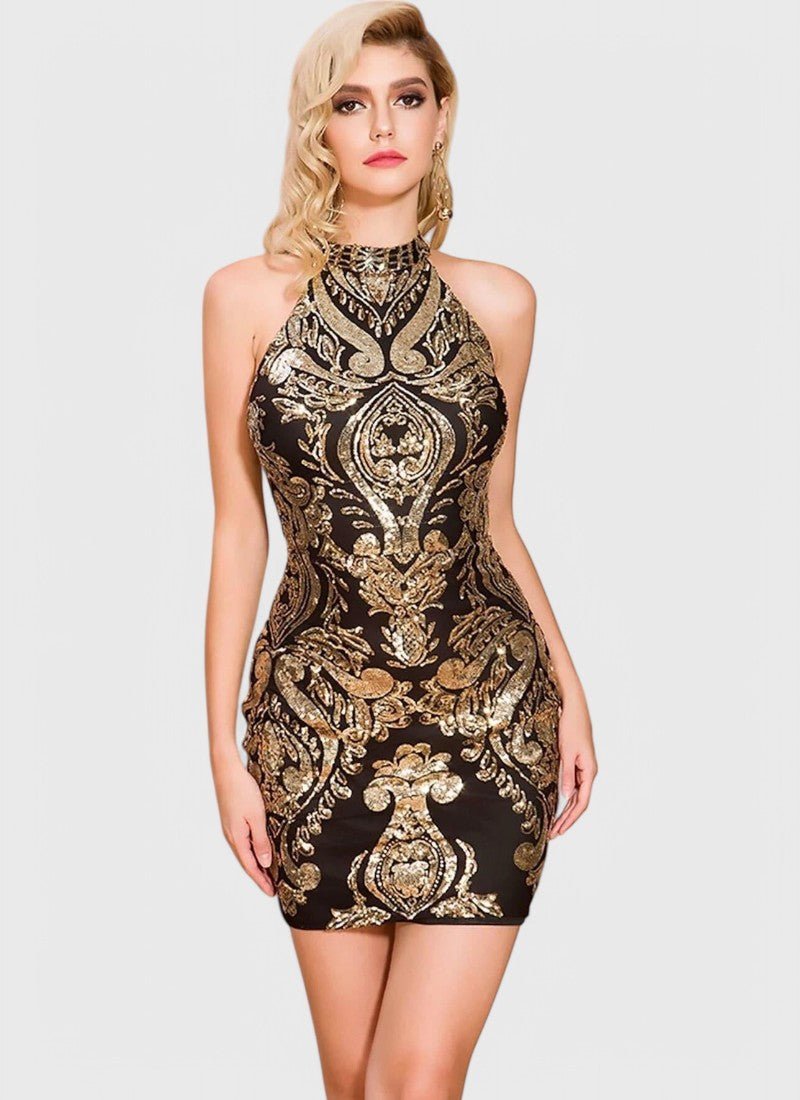 HALTERNECK DAMASK SEQUIN MINI DRESS - Cecilia`s Dresses