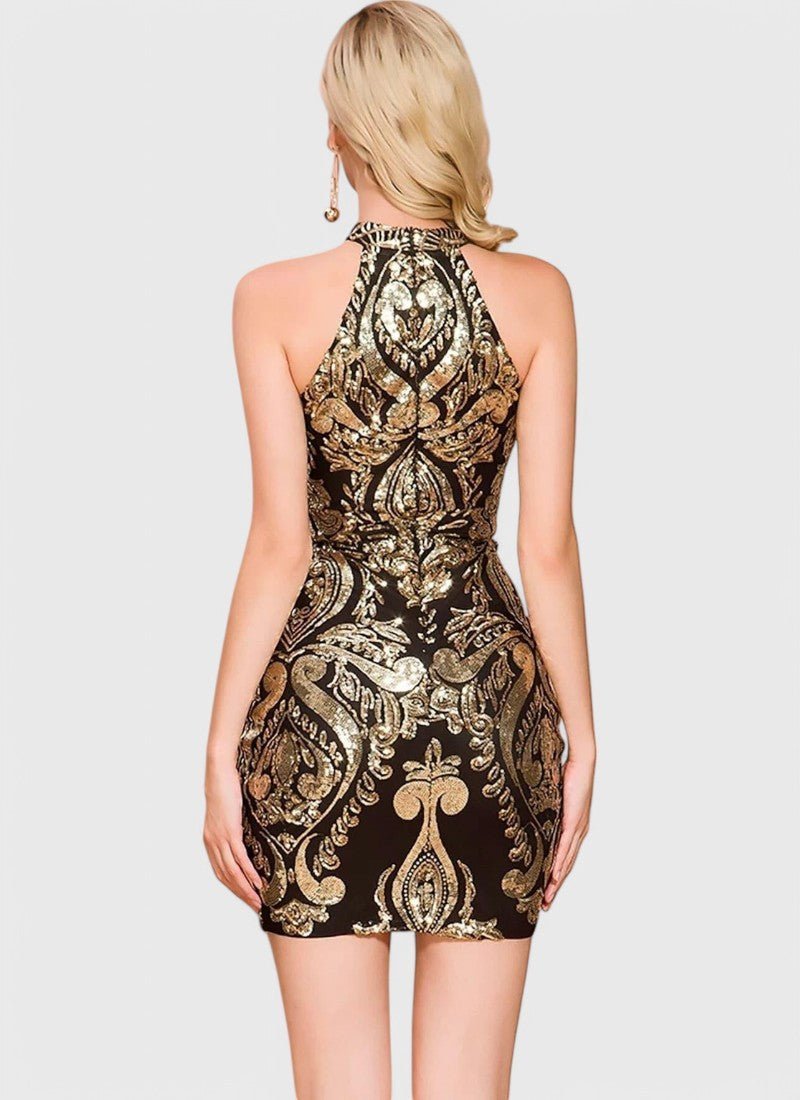 HALTERNECK DAMASK SEQUIN MINI DRESS - Cecilia`s Dresses