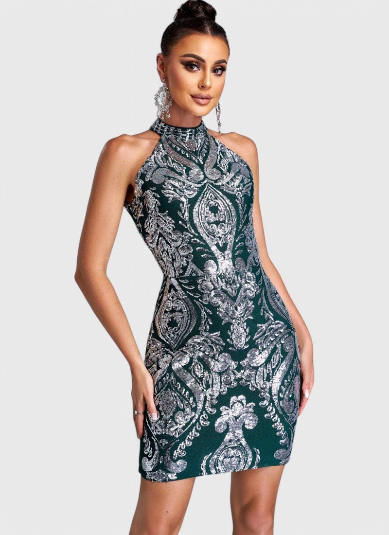 HALTERNECK DAMASK SEQUIN MINI DRESS - Cecilia`s Dresses