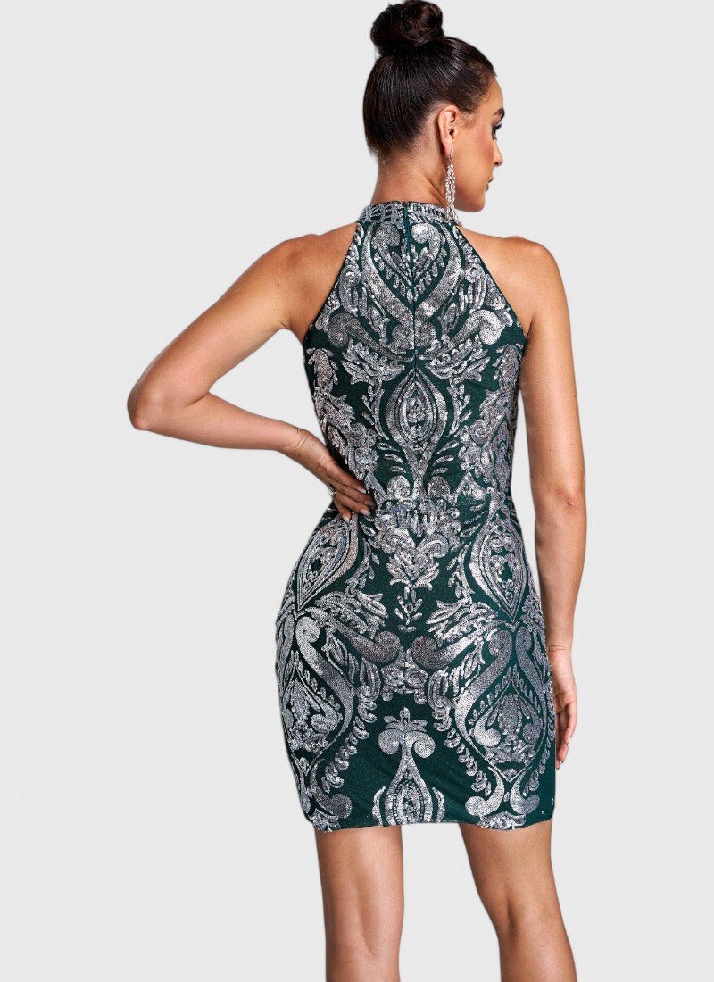 HALTERNECK DAMASK SEQUIN MINI DRESS - Cecilia`s Dresses