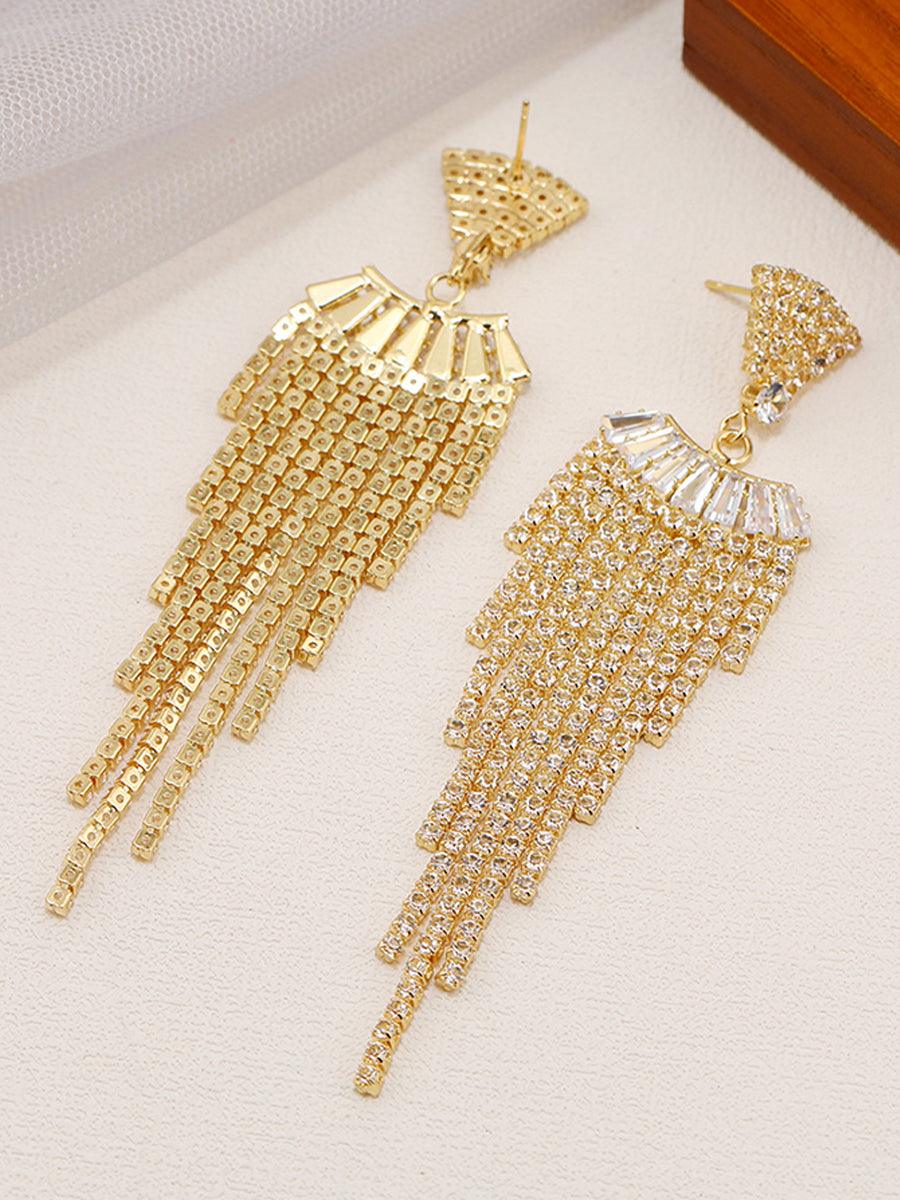 LONG RHINESTONE TASSEL DROP EARRINGS - Cecilia`s Dresses