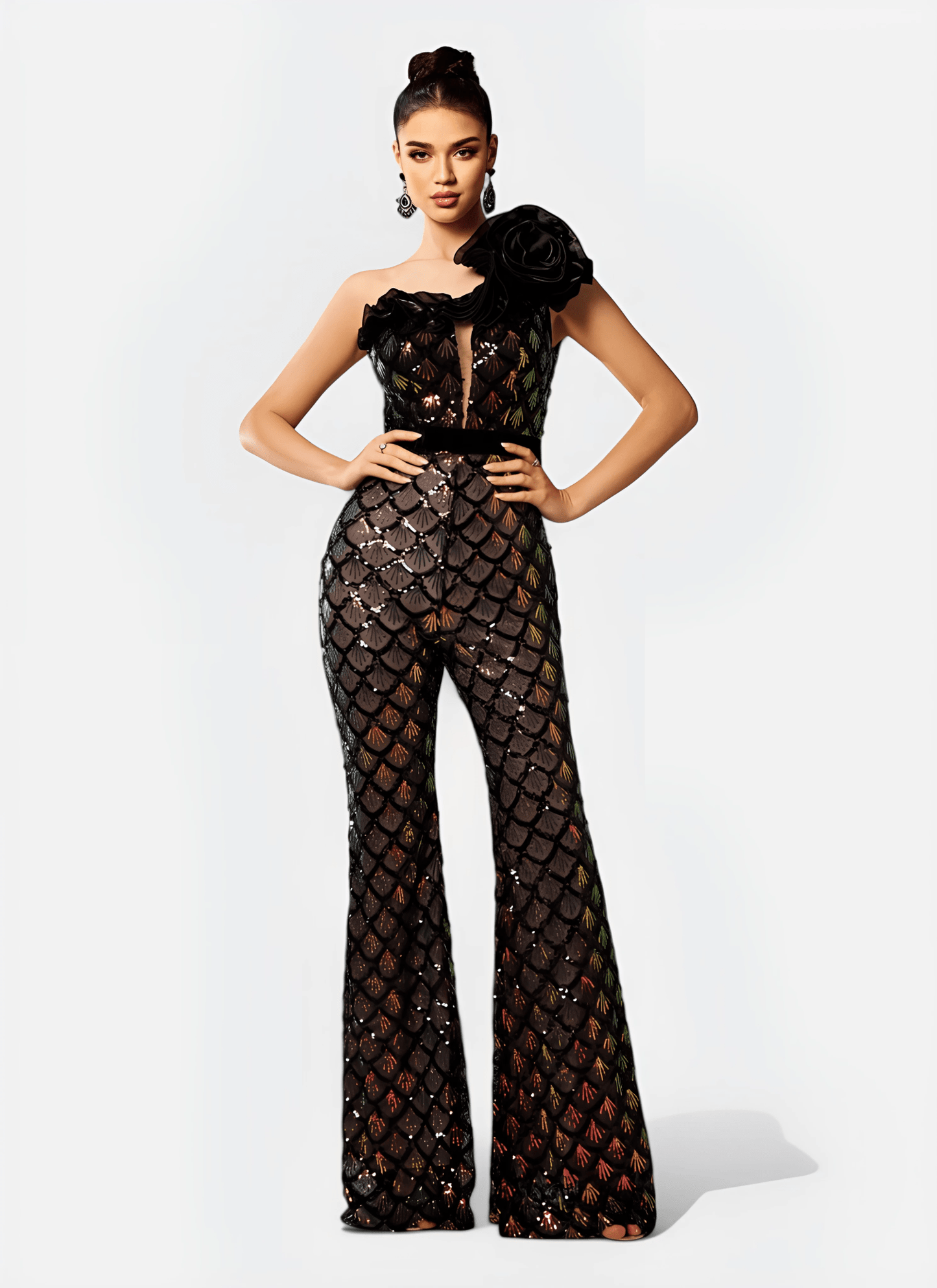 Mermaid Scale Floral One - Shoulder Sequin Jumpsuit - Cecilia`s Dresses