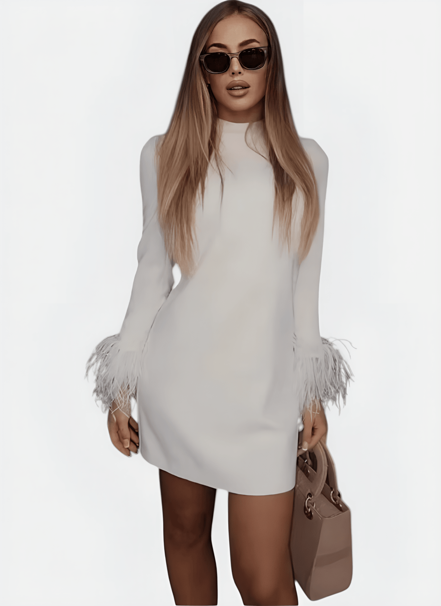 POLYESTER FEATHER O - NECK MINI DRESS - Cecilia`s Dresses