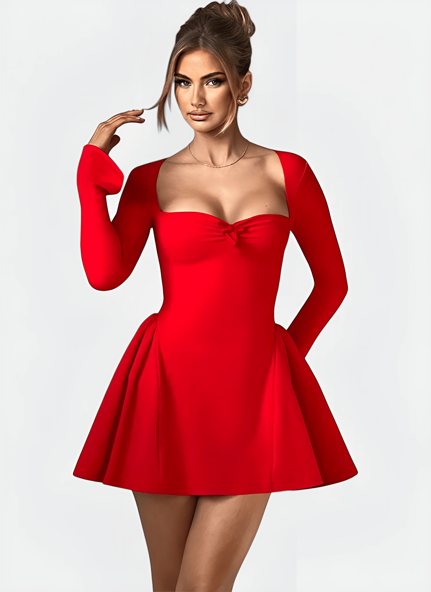 SWEETHEART NECK LONG SLEEVE A - LINE DRESS - Cecilia`s Dresses