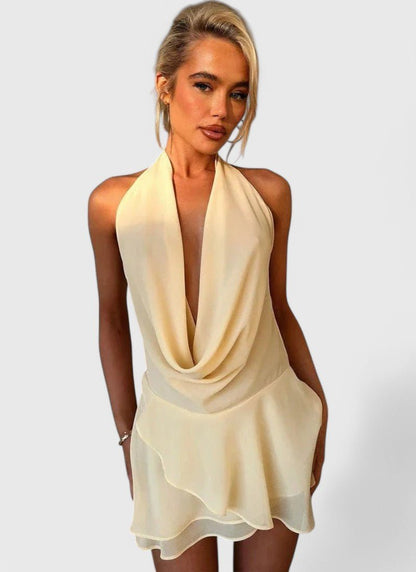 AMARA DRAPED V - NECK MINI DRESS - Cecilia`s Dresses