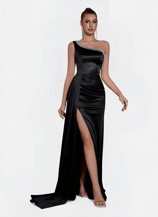 BLACK ONE SHOULDER SATIN SPLIT DRAPED PROM DRESS - Cecilia`s Dresses