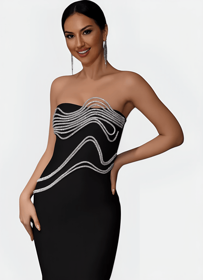 BLACK STRAPLESS BANDAGE DRESS WITH APPLIQUÉS - Cecilia`s Dresses
