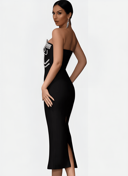 BLACK STRAPLESS BANDAGE DRESS WITH APPLIQUÉS - Cecilia`s Dresses