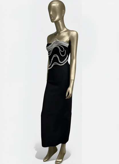 BLACK STRAPLESS BANDAGE DRESS WITH APPLIQUÉS - Cecilia`s Dresses