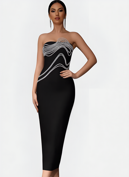 BLACK STRAPLESS BANDAGE DRESS WITH APPLIQUÉS - Cecilia`s Dresses
