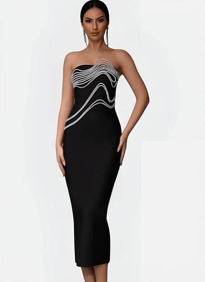 BLACK STRAPLESS BANDAGE DRESS WITH APPLIQUÉS - Cecilia`s Dresses