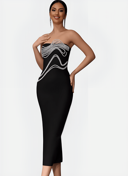 BLACK STRAPLESS BANDAGE DRESS WITH APPLIQUÉS - Cecilia`s Dresses