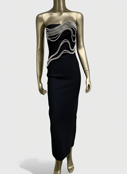 BLACK STRAPLESS BANDAGE DRESS WITH APPLIQUÉS - Cecilia`s Dresses