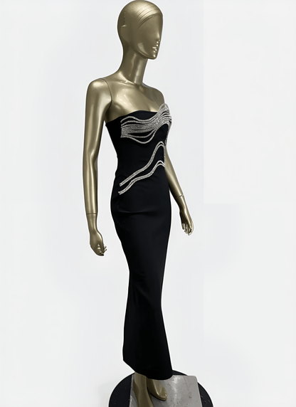 BLACK STRAPLESS BANDAGE DRESS WITH APPLIQUÉS - Cecilia`s Dresses