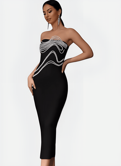 BLACK STRAPLESS BANDAGE DRESS WITH APPLIQUÉS - Cecilia`s Dresses