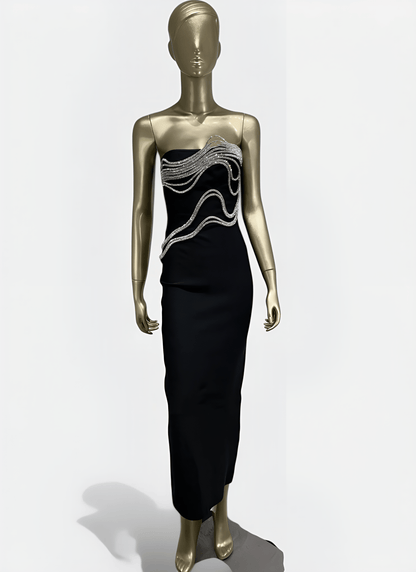 BLACK STRAPLESS BANDAGE DRESS WITH APPLIQUÉS - Cecilia`s Dresses