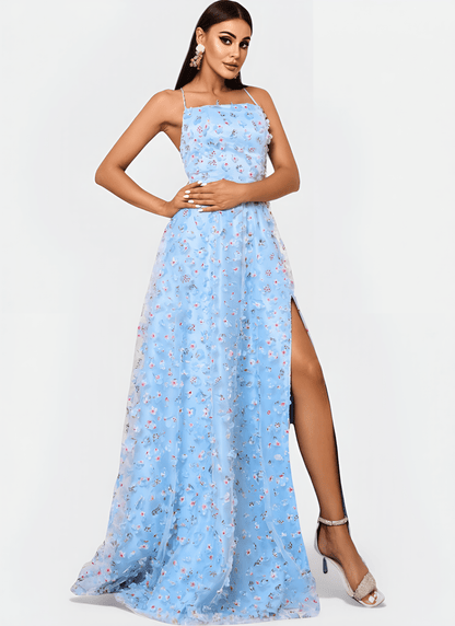 BLUE OPEN BACK A - LINE PROM DRESS - Cecilia`s Dresses
