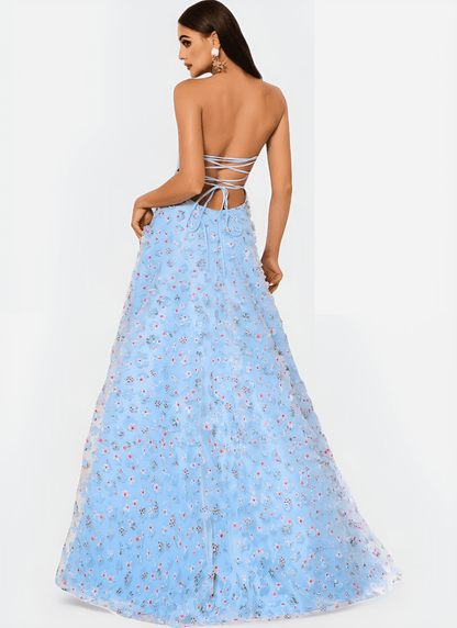 BLUE OPEN BACK A - LINE PROM DRESS - Cecilia`s Dresses