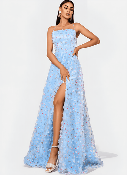 BLUE OPEN BACK A - LINE PROM DRESS - Cecilia`s Dresses