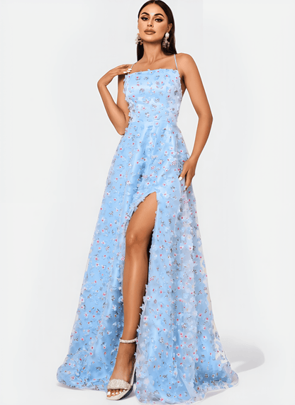 BLUE OPEN BACK A - LINE PROM DRESS - Cecilia`s Dresses