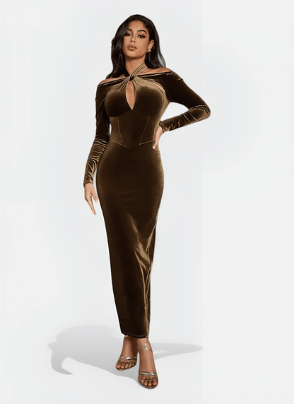CUTOUT HALTER VELVET LONG SLEEVE DRESS - Cecilia`s Dresses
