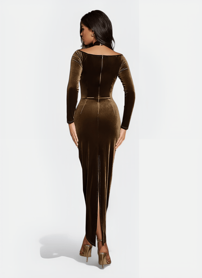 CUTOUT HALTER VELVET LONG SLEEVE DRESS - Cecilia`s Dresses