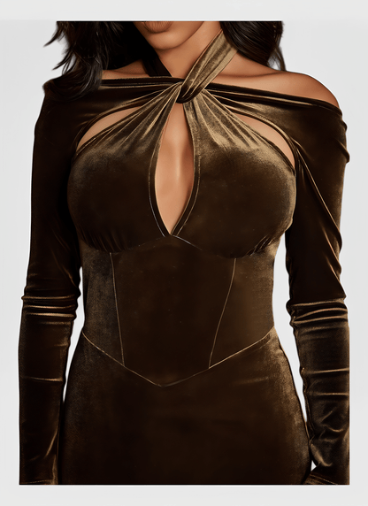 CUTOUT HALTER VELVET LONG SLEEVE DRESS - Cecilia`s Dresses