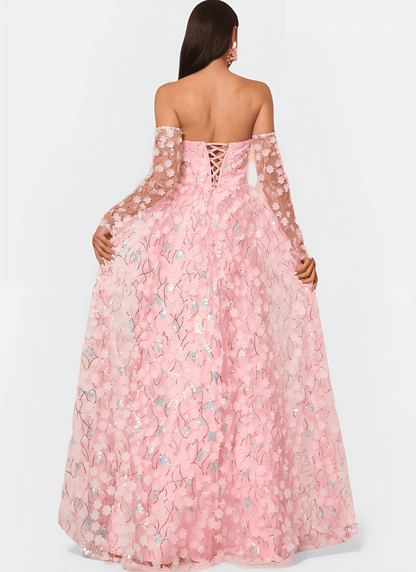 FLORAL APPLIQUED STRAPLESS A - LINE DRESS - Cecilia`s Dresses