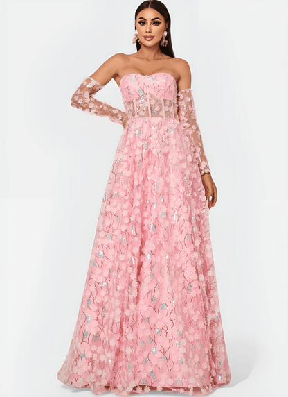 FLORAL APPLIQUED STRAPLESS A - LINE DRESS - Cecilia`s Dresses