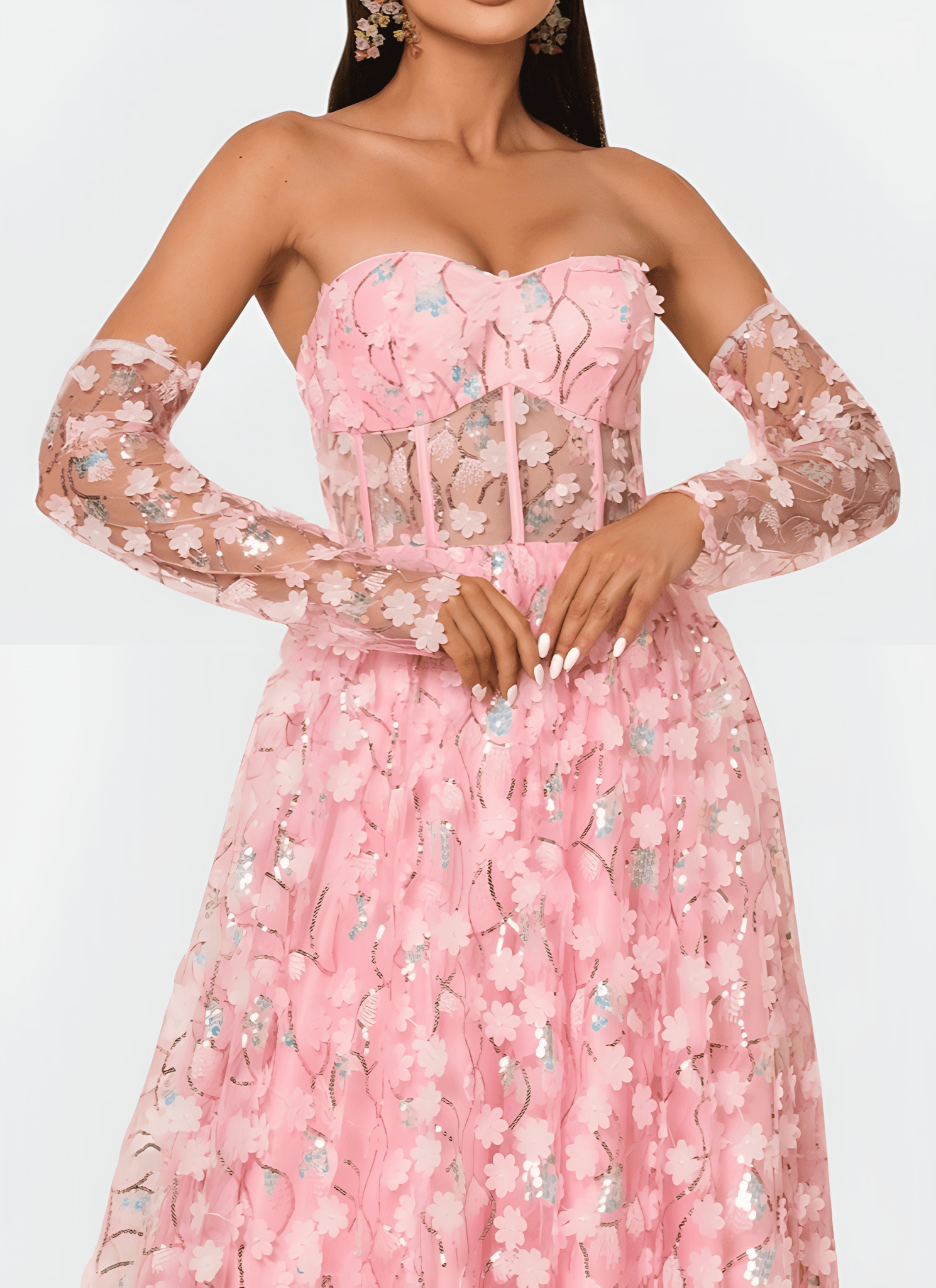 FLORAL APPLIQUED STRAPLESS A - LINE DRESS - Cecilia`s Dresses