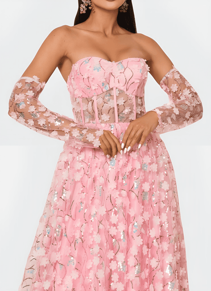 FLORAL APPLIQUED STRAPLESS A - LINE DRESS - Cecilia`s Dresses