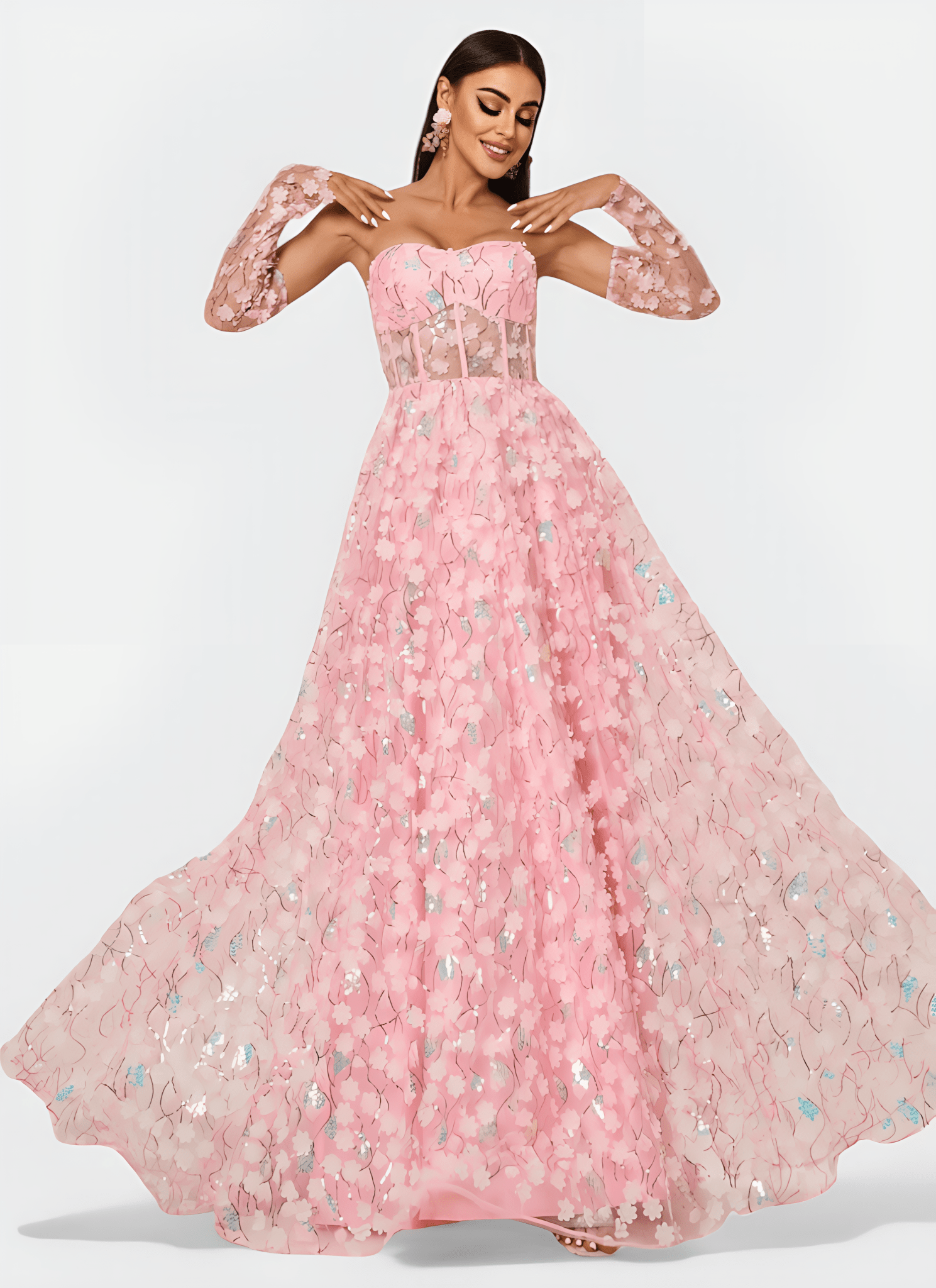 FLORAL APPLIQUED STRAPLESS A - LINE DRESS - Cecilia`s Dresses