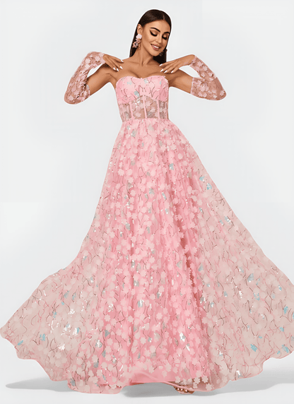 FLORAL APPLIQUED STRAPLESS A - LINE DRESS - Cecilia`s Dresses