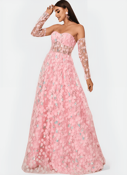 FLORAL APPLIQUED STRAPLESS A - LINE DRESS - Cecilia`s Dresses