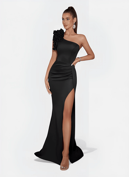 FLORAL ONE SHOULDER RUCHED SPLIT PROM DRESS - Cecilia`s Dresses