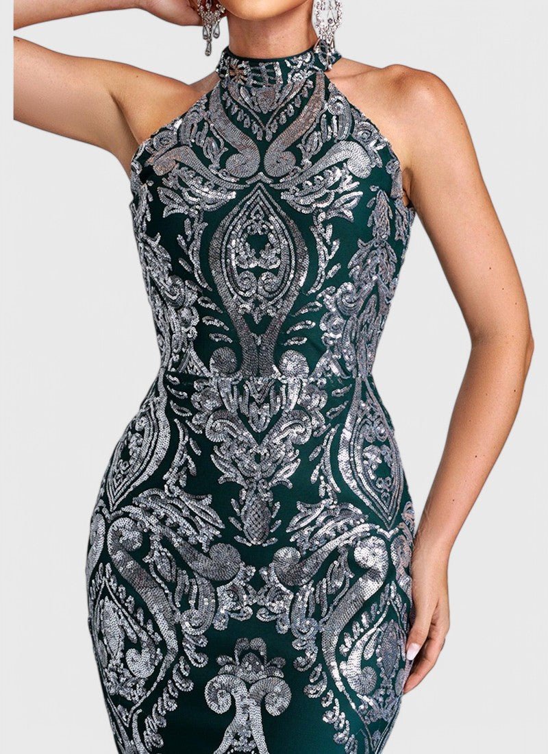 HALTERNECK DAMASK SEQUIN MINI DRESS - Cecilia`s Dresses