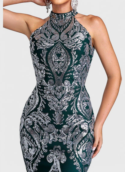 HALTERNECK DAMASK SEQUIN MINI DRESS - Cecilia`s Dresses