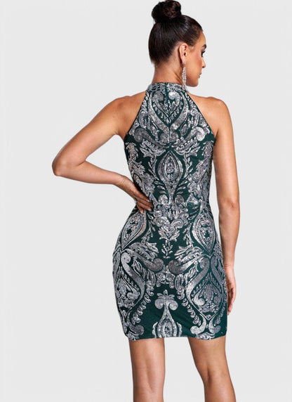 HALTERNECK DAMASK SEQUIN MINI DRESS - Cecilia`s Dresses