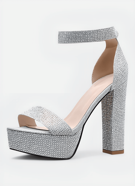 INLAY RHINESTONE THICK HIGH HEEL SANDALS - Cecilia`s Dresses
