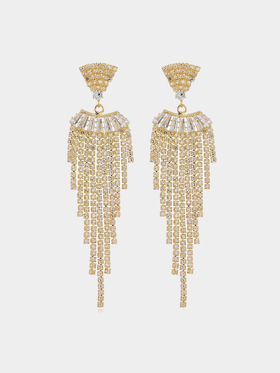 LONG RHINESTONE TASSEL DROP EARRINGS - Cecilia`s Dresses