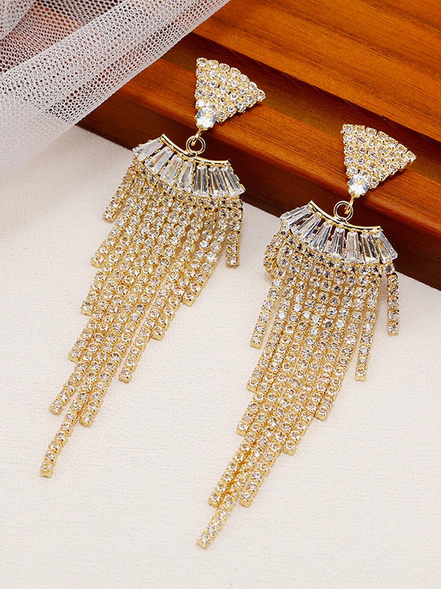 LONG RHINESTONE TASSEL DROP EARRINGS - Cecilia`s Dresses