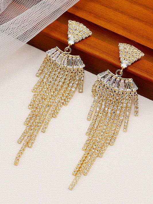 LONG RHINESTONE TASSEL DROP EARRINGS - Cecilia`s Dresses