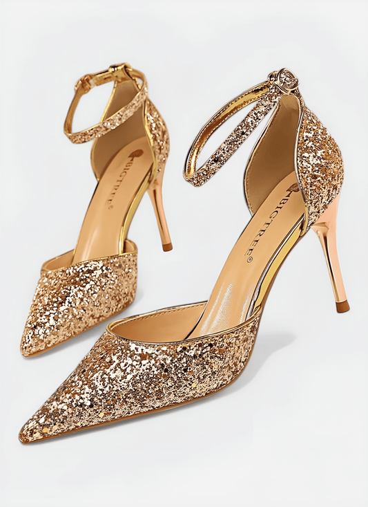 METAL THIN BUCKLE SEQUINS HIGH HEEL SANDALS - Cecilia`s Dresses