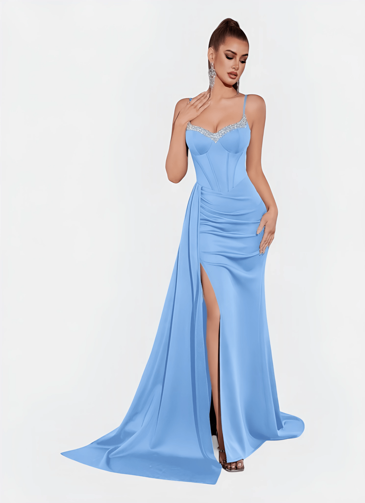 NAVY SWEETHEART NECK CORSET SPLIT EVENING DRESS - Cecilia`s Dresses
