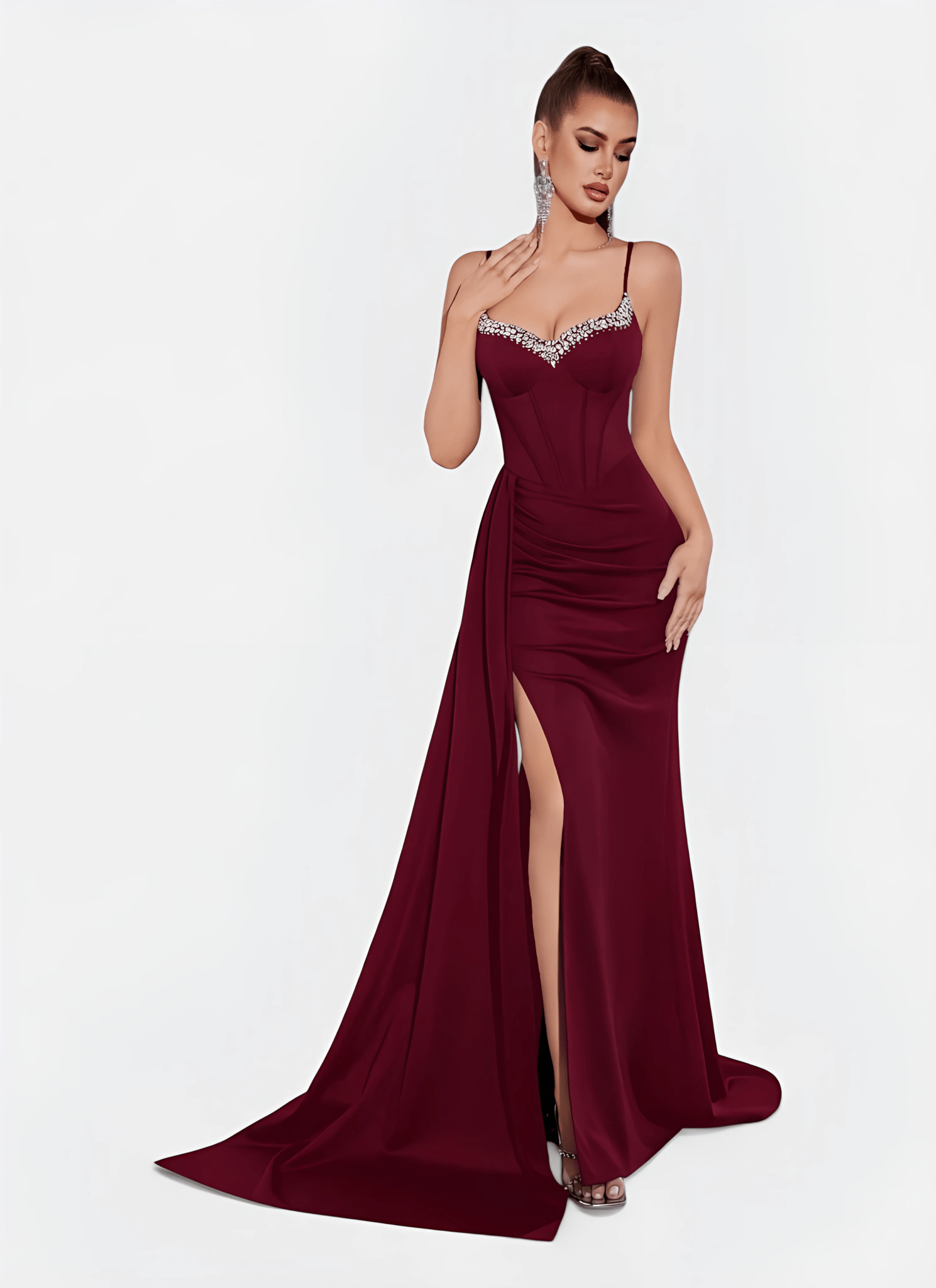 NAVY SWEETHEART NECK CORSET SPLIT EVENING DRESS - Cecilia`s Dresses